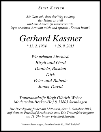 Traueranzeige von Gerhard Kassner von Neue Westfälische