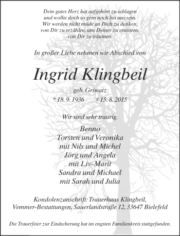 Traueranzeige von Ingrid Klingbeil von Neue Westfälische