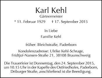Traueranzeige von Karl Kehl von Neue Westfälische