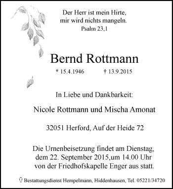Traueranzeige von Bernd Rottmann von Neue Westfälische