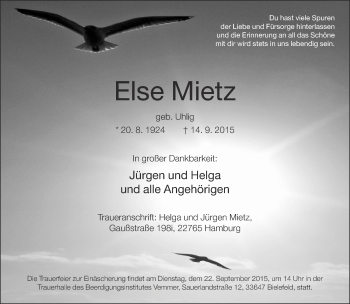 Traueranzeige von Else Mietz von Neue Westfälische