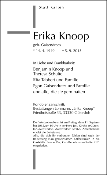 Traueranzeige von Erika Knoop von Neue Westfälische