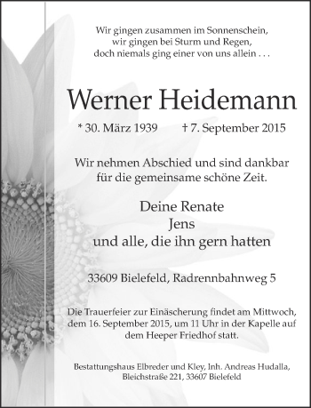 Traueranzeige von Werner Heidemann von Neue Westfälische