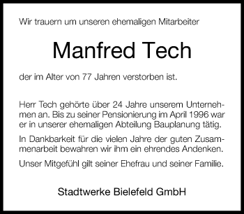 Traueranzeige von Manfred Tech von Neue Westfälische