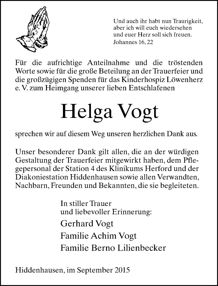  Traueranzeige für Helga Vogt vom 29.09.2015 aus Neue Westfälische