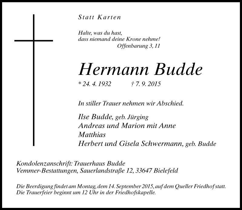  Traueranzeige für Hermann Budde vom 09.09.2015 aus Neue Westfälische