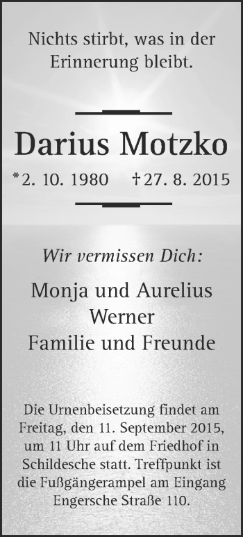 Traueranzeige von Darius Motzko von Neue Westfälische