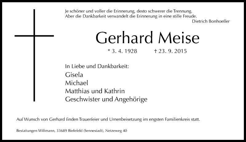  Traueranzeige für Gerhard Meise vom 29.09.2015 aus Neue Westfälische