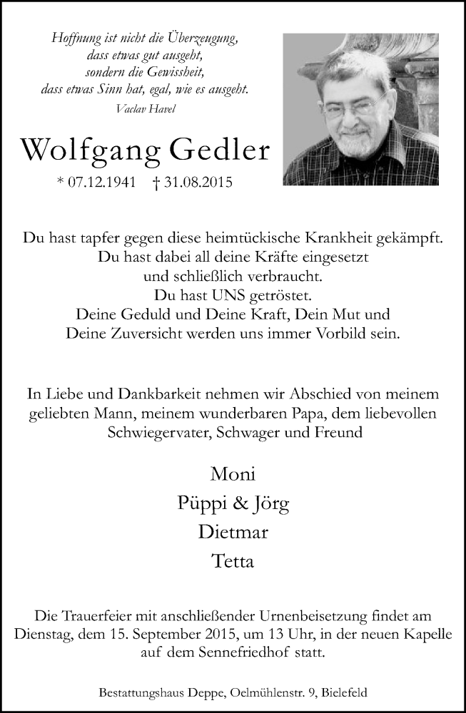  Traueranzeige für Wolfgang Gedler vom 05.09.2015 aus Neue Westfälische