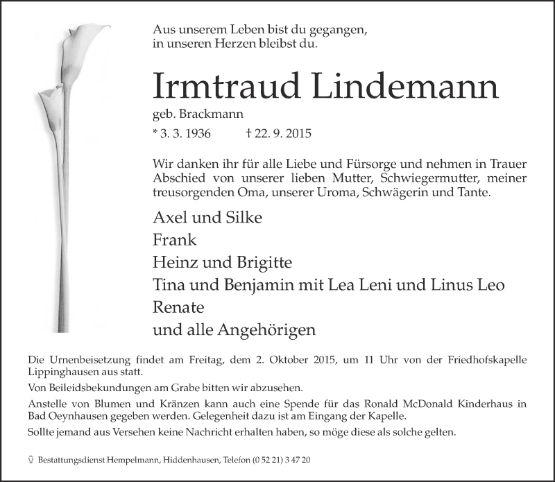  Traueranzeige für Irmtraud Lindemann vom 26.09.2015 aus Neue Westfälische