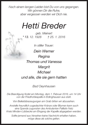 Traueranzeige von Hetti Breder von Neue Westfälische