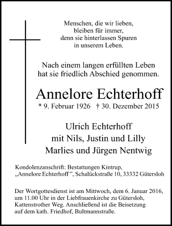 Traueranzeige von Annelore Echterhoff von Neue Westfälische