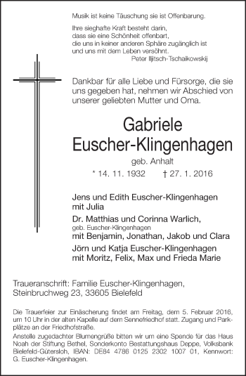 Traueranzeige von Gabriele Euscher-Klingenhagen von Neue Westfälische