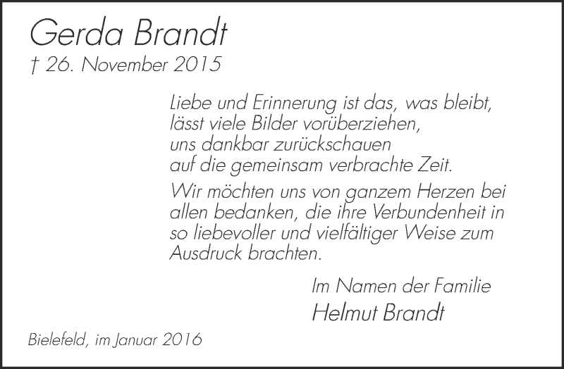  Traueranzeige für Gerda Brandt vom 02.01.2016 aus Neue Westfälische