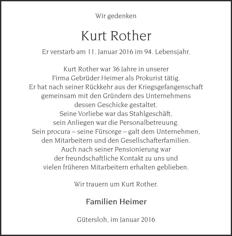  Traueranzeige für Kurt Rother vom 19.01.2016 aus Neue Westfälische