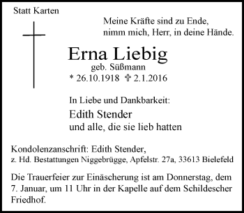 Traueranzeige von Erna Liebig von Neue Westfälische