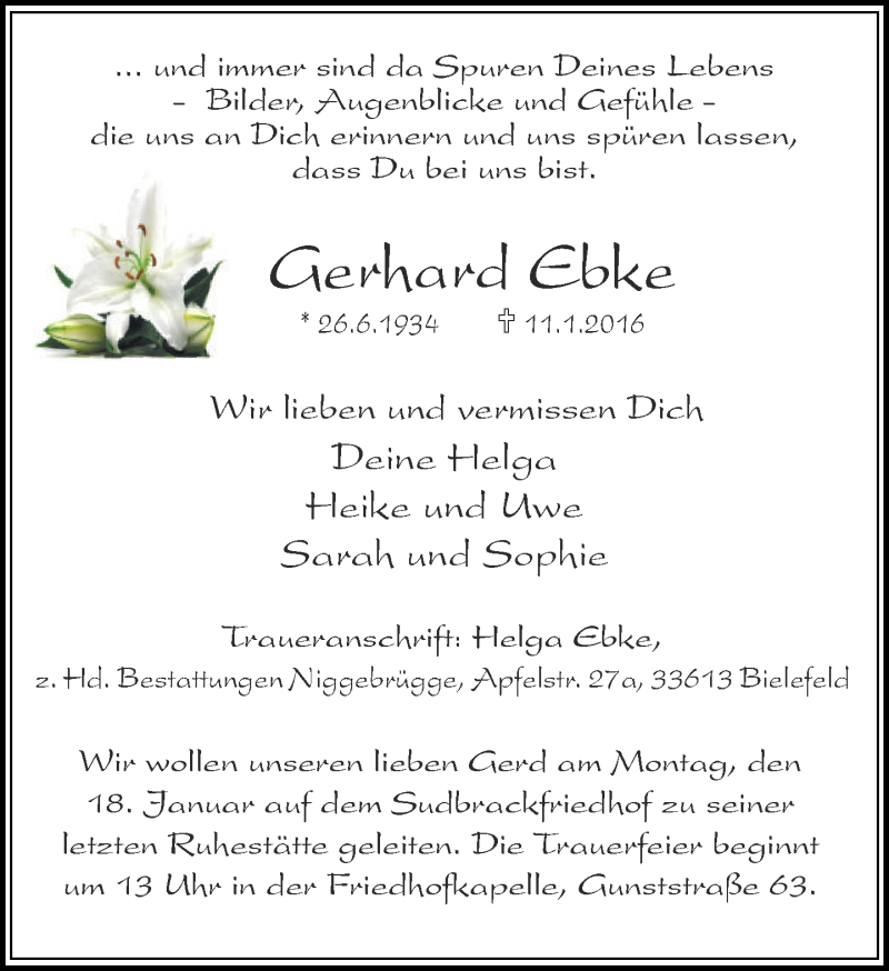  Traueranzeige für Gerhard Ebke vom 14.01.2016 aus Neue Westfälische