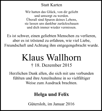 Traueranzeige von Klaus Wallhorn von Neue Westfälische