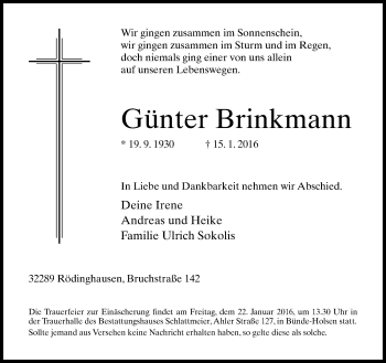 Traueranzeige von Günter Brinkmann von Neue Westfälische