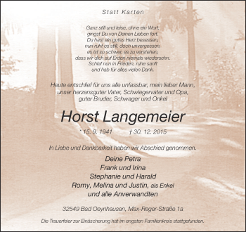 Traueranzeige von Horst Langemeier von Neue Westfälische