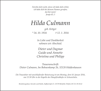 Traueranzeige von Hilda Culmann von Neue Westfälische