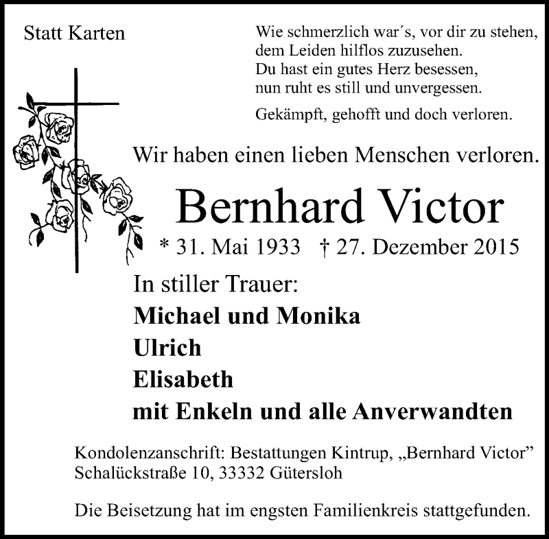  Traueranzeige für Bernhard Victor vom 09.01.2016 aus Neue Westfälische