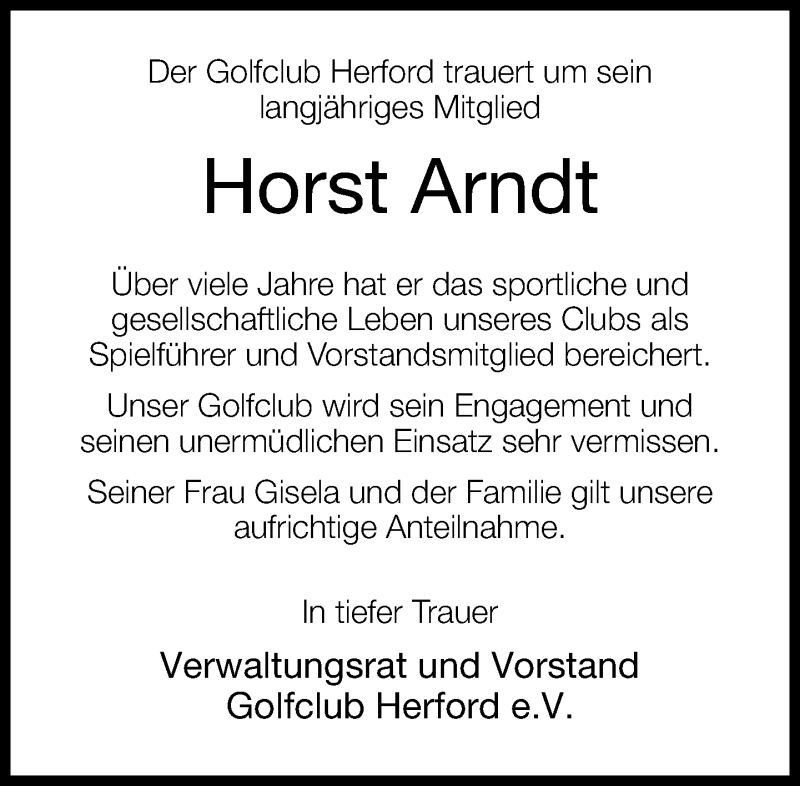  Traueranzeige für Horst Arndt vom 16.01.2016 aus Neue Westfälische
