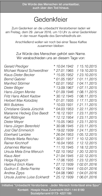 Traueranzeige von Gedenkfeier  von Neue Westfälische