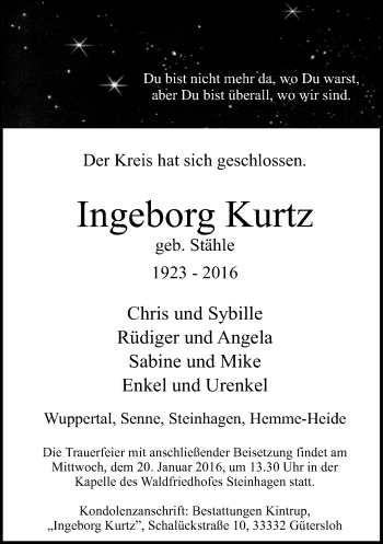 Traueranzeige von Ingeborg Kurtz von Neue Westfälische