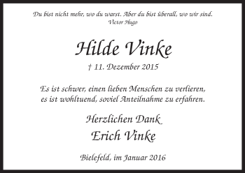 Traueranzeige von Hilde Vinke von Neue Westfälische