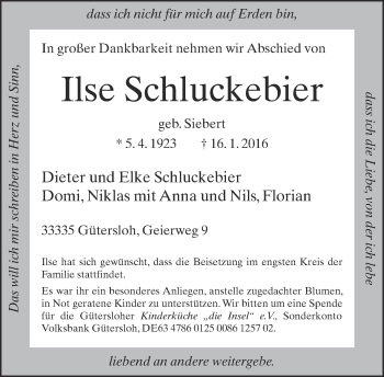 Traueranzeige von Ilse Schuckebier von Neue Westfälische