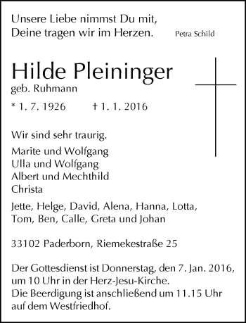 Traueranzeige von Hilde Pleininger von Neue Westfälische