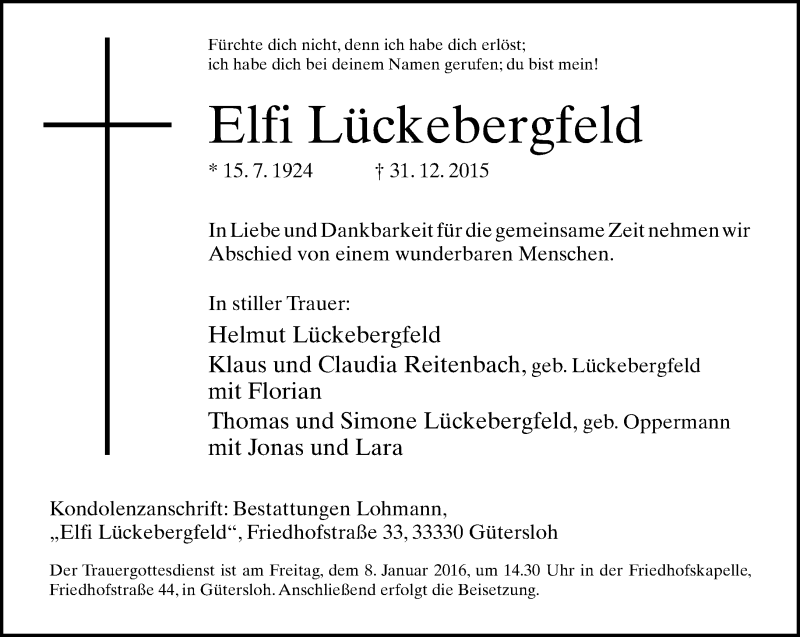  Traueranzeige für Elfi Lückebergfeld vom 04.01.2016 aus Neue Westfälische