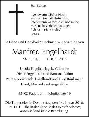 Traueranzeige von Manfred Engelhardt von Neue Westfälische