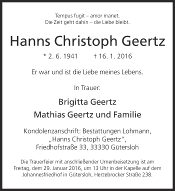 Traueranzeige von Hanns Christoph Geertz von Neue Westfälische