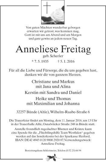 Traueranzeige von Anneliese Freitag von Neue Westfälische