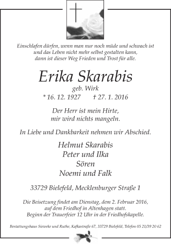 Traueranzeige von Erika Skarabis von Neue Westfälische