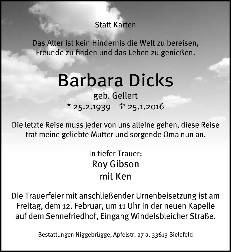  Traueranzeige für Barbara Dicks vom 30.01.2016 aus Neue Westfälische