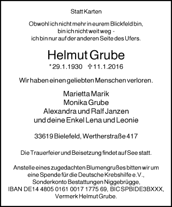 Traueranzeige von Helmut Grube von Neue Westfälische