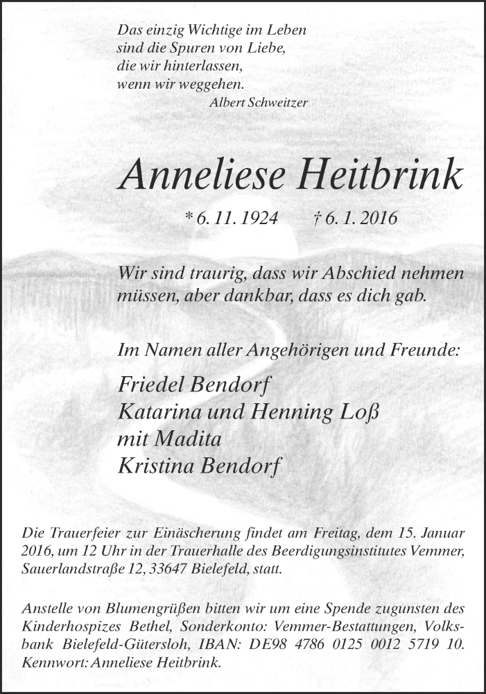  Traueranzeige für Anneliese Heitbrink vom 09.01.2016 aus Neue Westfälische
