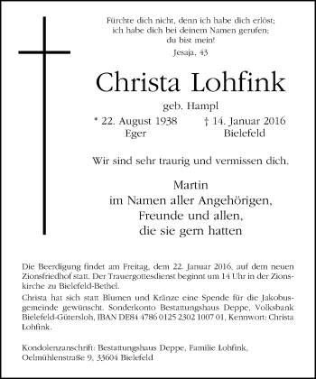 Traueranzeige von Christa Lohfink von Neue Westfälische