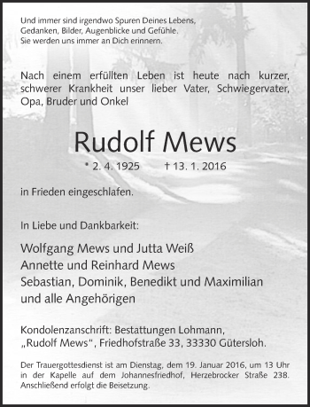 Traueranzeige von Rudolf Mews von Neue Westfälische