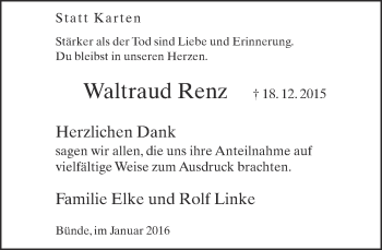 Traueranzeige von Waltraud Renz von Neue Westfälische