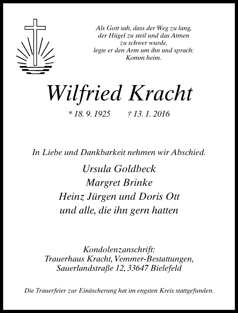  Traueranzeige für Wilfried Kracht vom 23.01.2016 aus Neue Westfälische