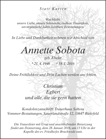 Traueranzeige von Annette Sobota von Neue Westfälische