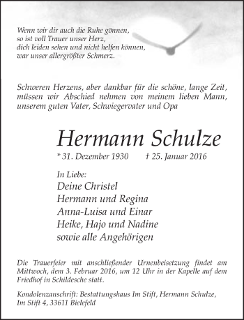 Traueranzeige von Hermann Schulze von Neue Westfälische