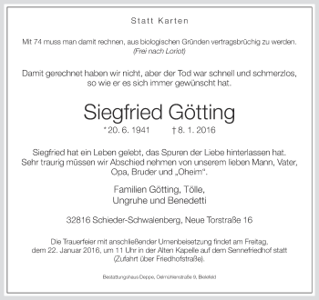 Traueranzeige von Siegfried Götting von Neue Westfälische