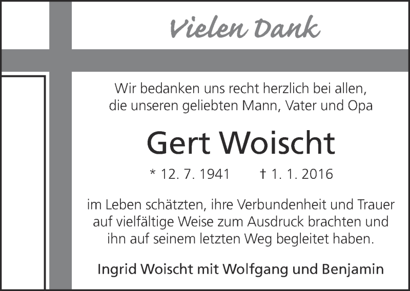  Traueranzeige für Gert Woischt vom 25.01.2016 aus Neue Westfälische