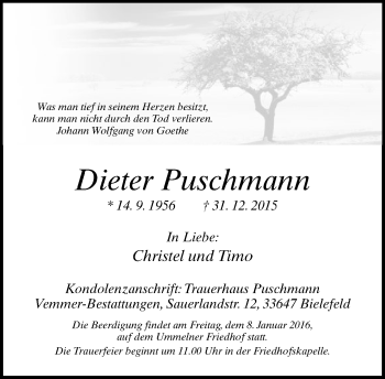 Traueranzeige von Dieter Puschmann von Neue Westfälische