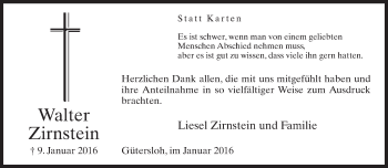 Traueranzeige von Walter Zirnstein von Neue Westfälische
